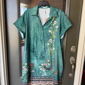 Women’s Green Floral Polo Tunic Dress with Pockets, 2XL